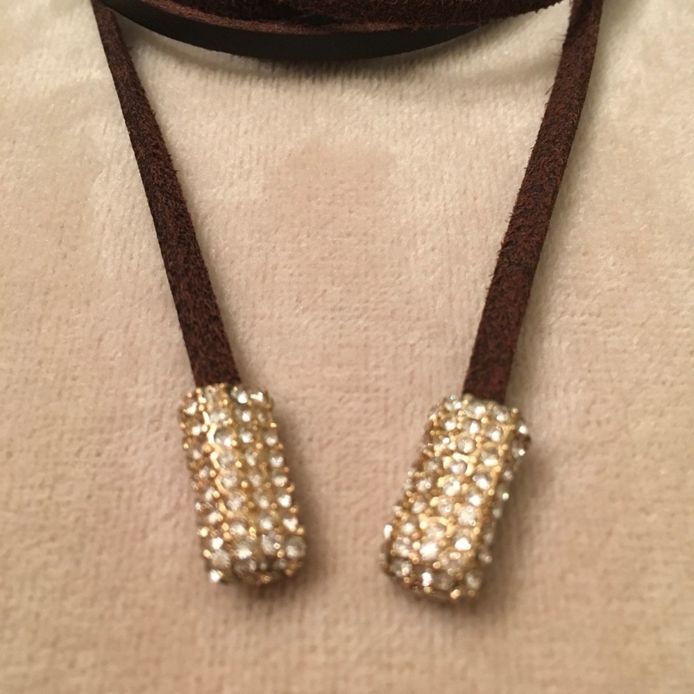 NEW LARIAT LEATHER and CUBIC ZIRCONIA CRYSTAL ENDS NECKLACE - Picture 2 of 13